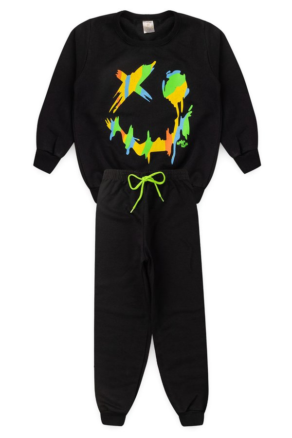Conjunto Moletom Peluciado Infantil Masculino Emoji - Preto
