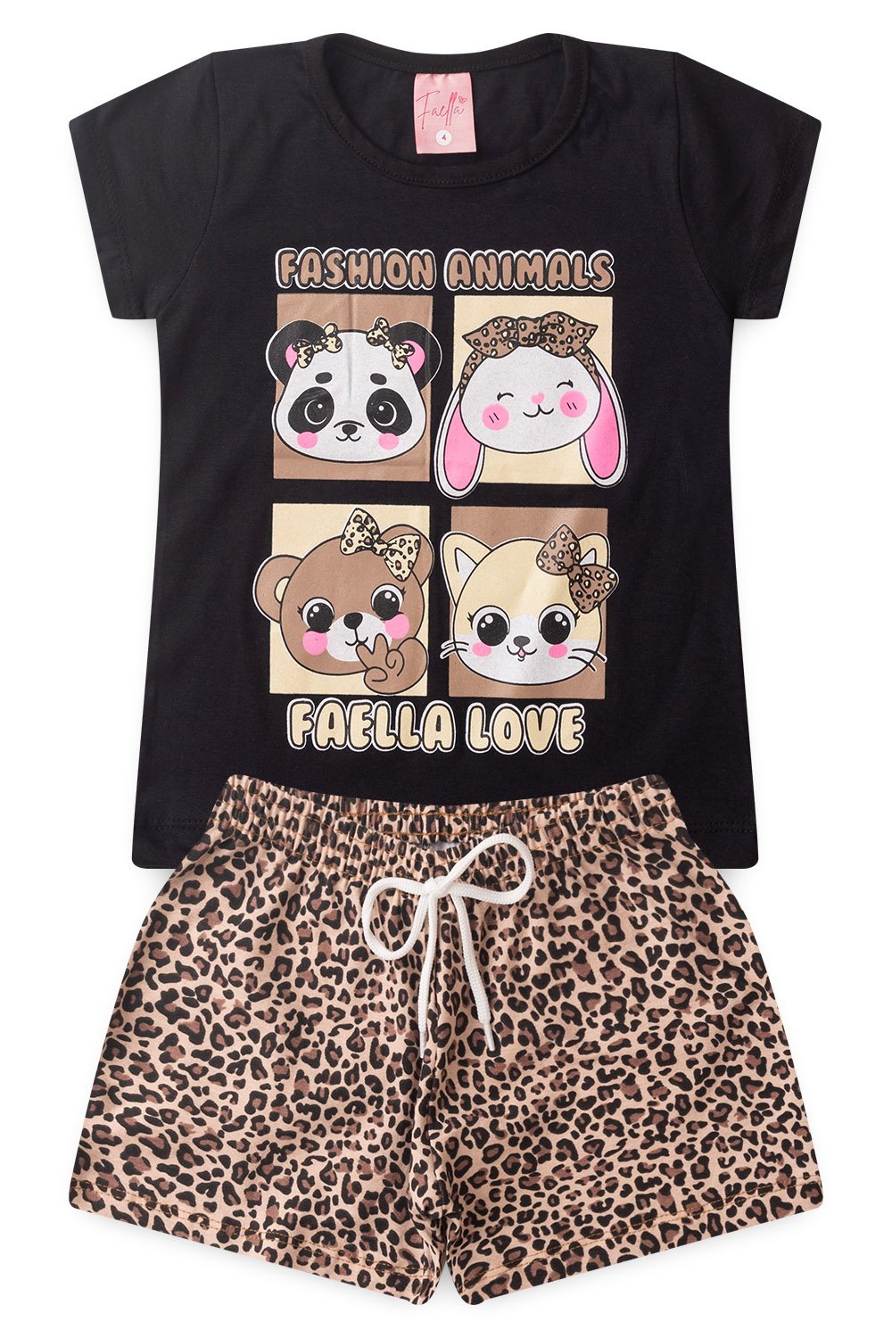 Conjunto Infantil Verão Feminino Fashion Animals - Preto