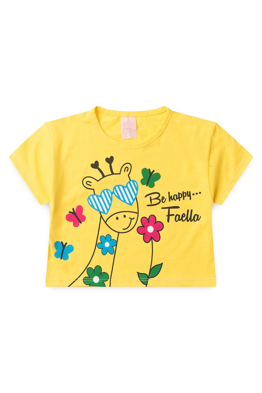 Conjunto Cropped Infantil Verão Feminino Girafa de Oculos - Amarelo