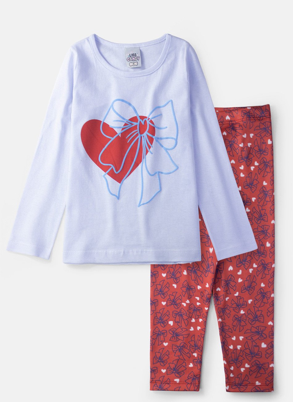 Conjunto Infantil Menina Meia Estação Coração com Laço Branco 0591 - Laluna