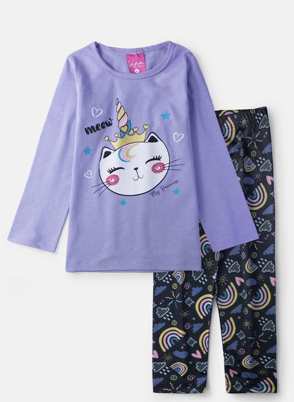 Conjunto Infantil Menina Meia Estação Gatinha Coroa Lilás 0637 - Laluna