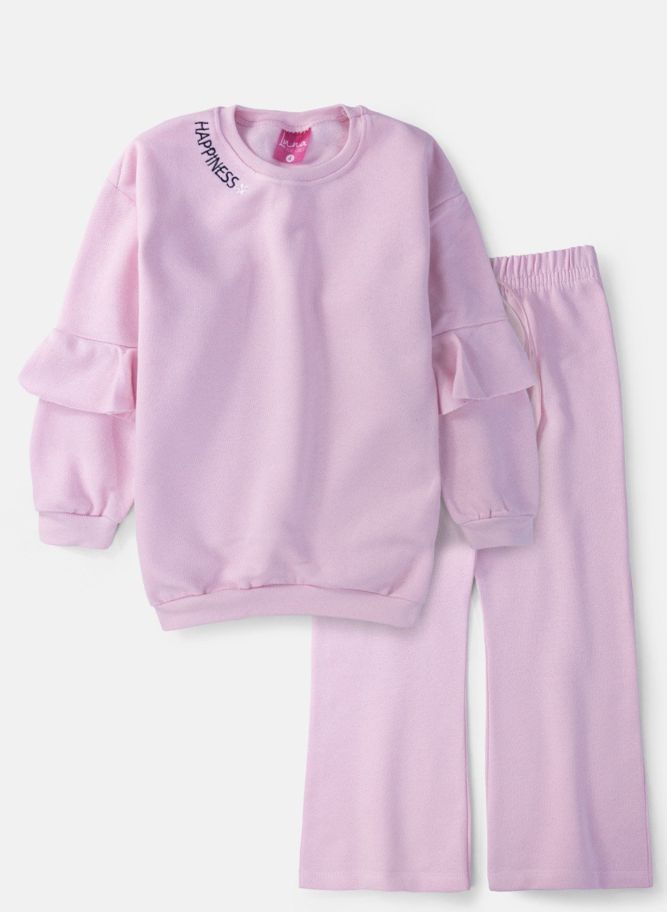 Conjunto Infantil Menina Moletom Happiness Rosa 0418 - Laluna