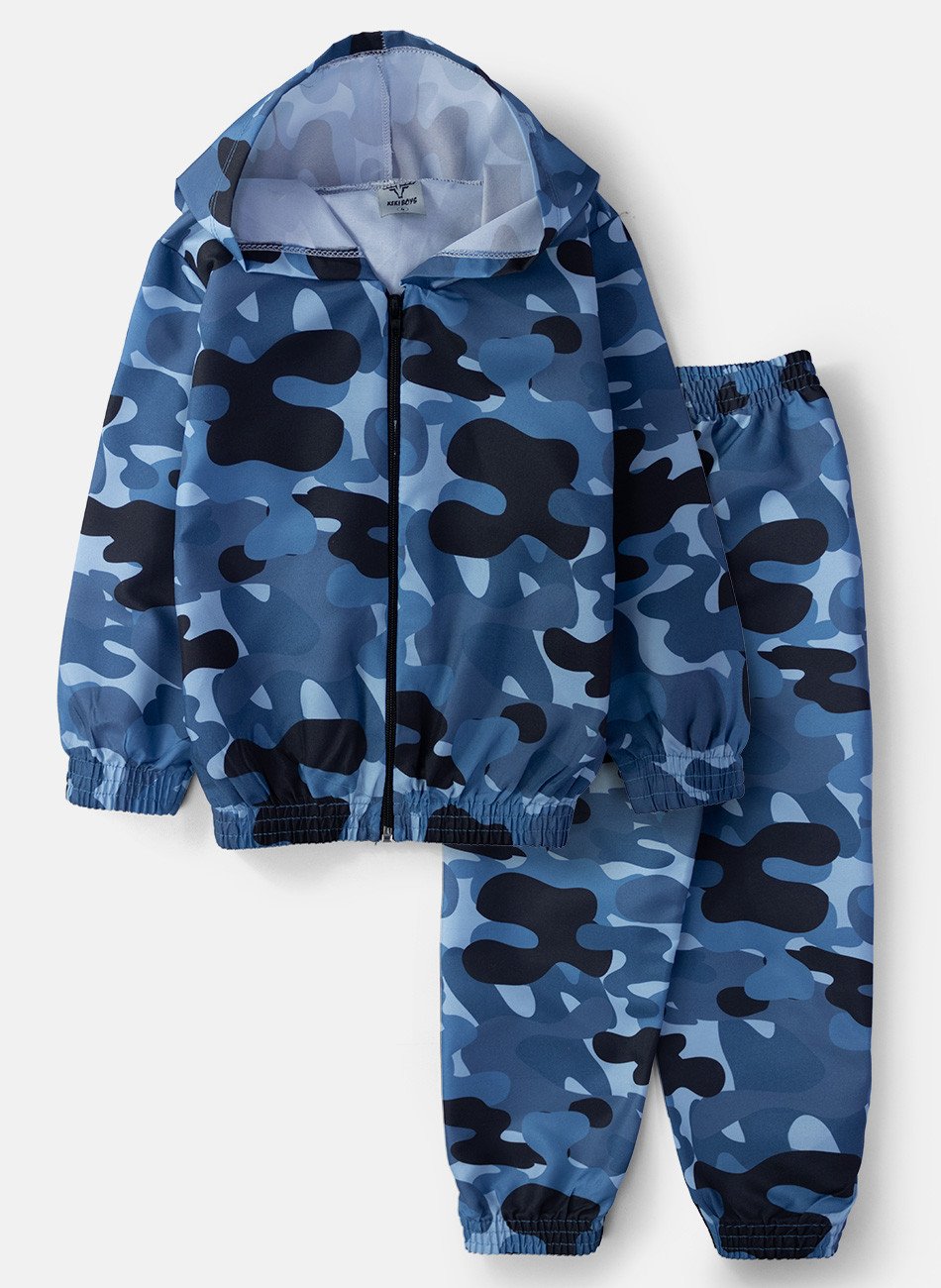 Conjunto Infantil Menino Corta Vento C/Capuz Camuflado Azul 147 - Keki Boys