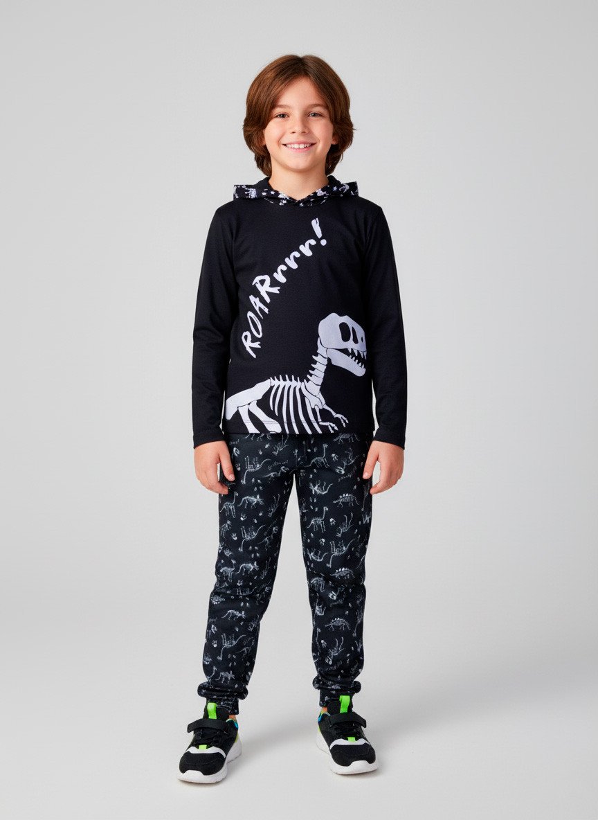 Conjunto Infantil Meia Estação Menino com Capuz Dino Roar Preto 0536 - Torrox