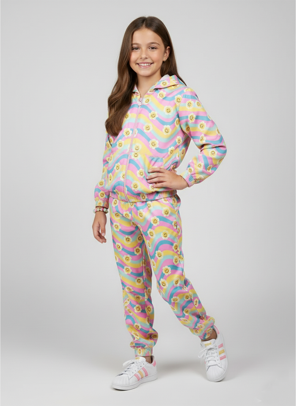 Conjunto Infantil Menina Corta Vento C/Capuz Margaridas Rosa 0184 - Laluna