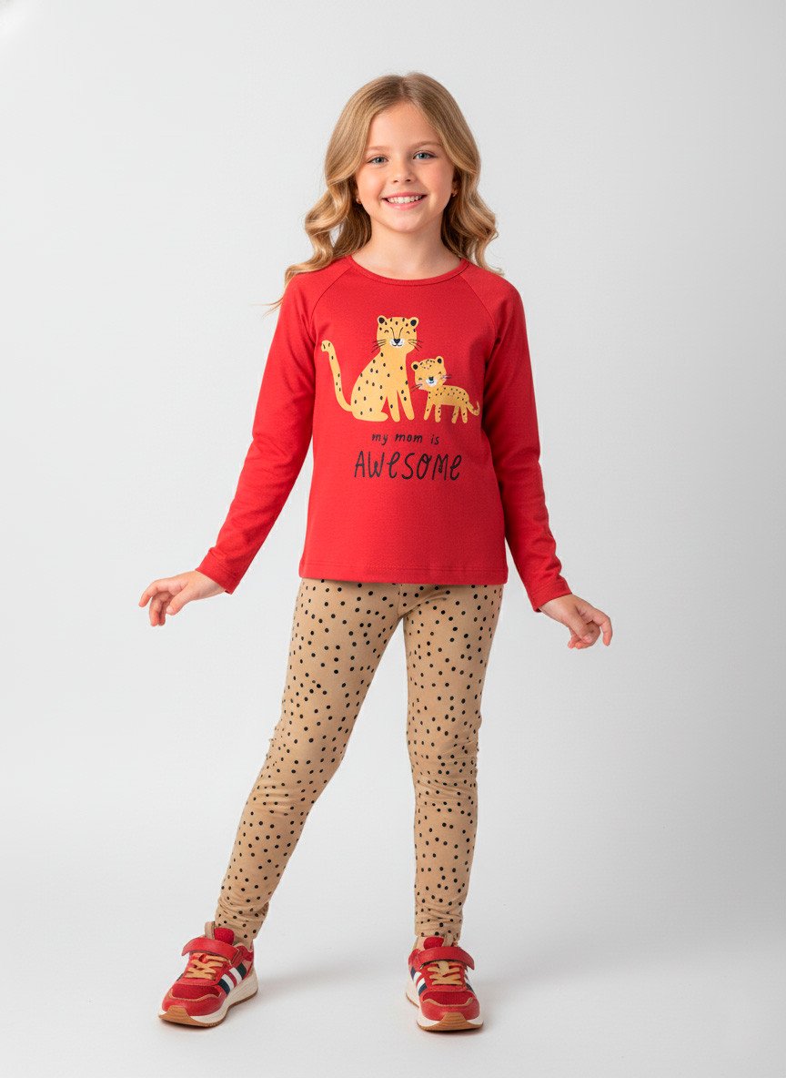 Conjunto Infantil Menina Meia Estação Onça Vermelho 0135 - Laluna