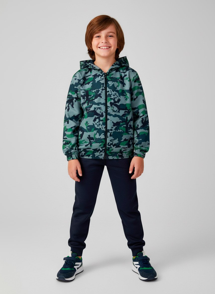 Conjunto Infantil Menino Corta Vento C/Capuz Camuflado Verde 172 - Keki Boys