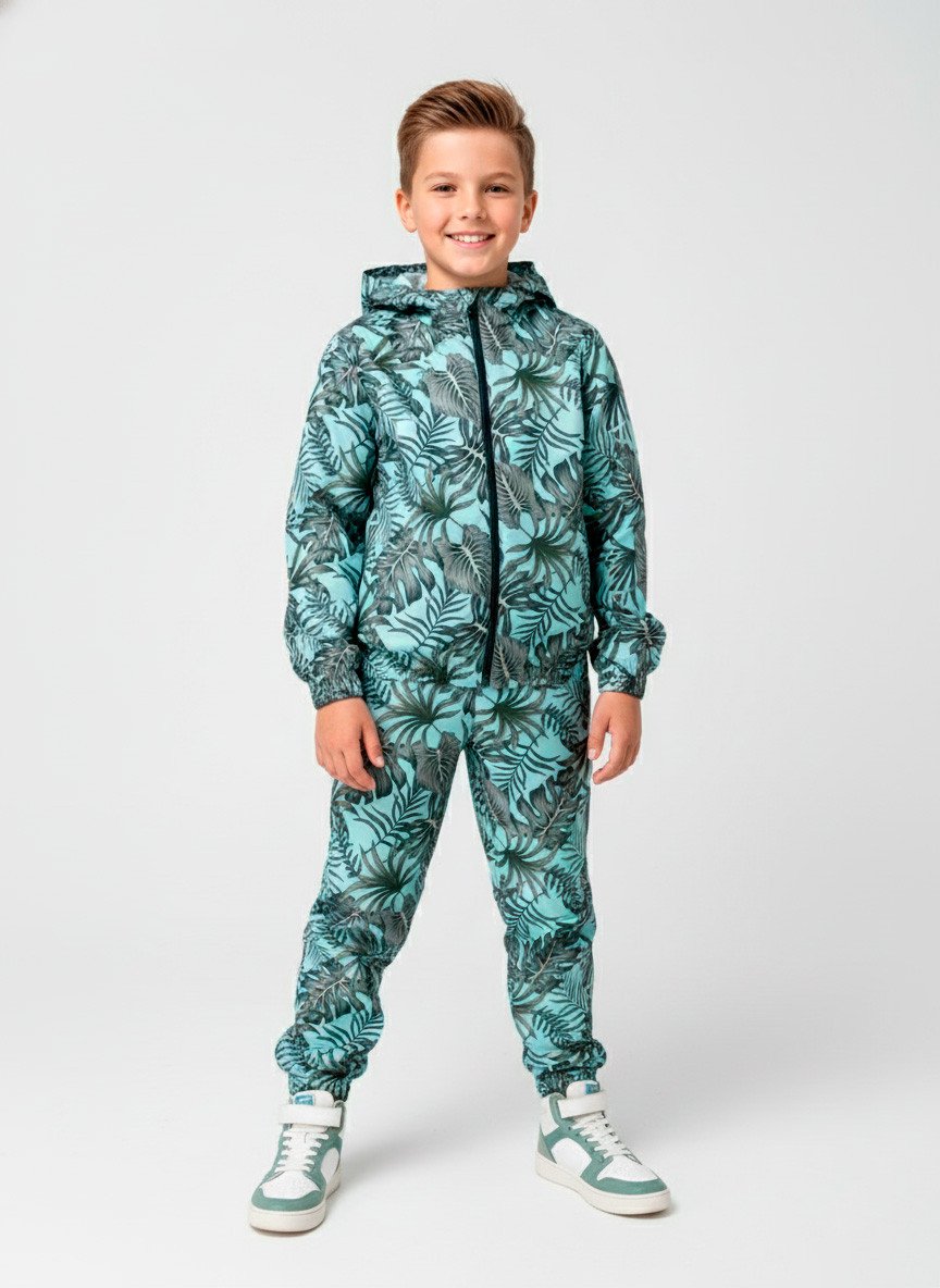 Conjunto Infantil Menino Corta Vento C/Capuz Folhagens Verde Água 642 - Torrox
