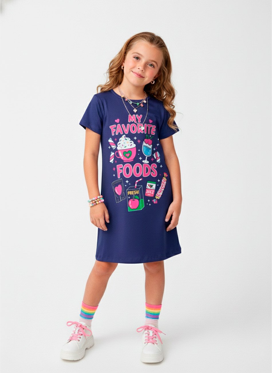 Vestido Infantil Manga Curta My Favorite Marinho 207 - Laluna