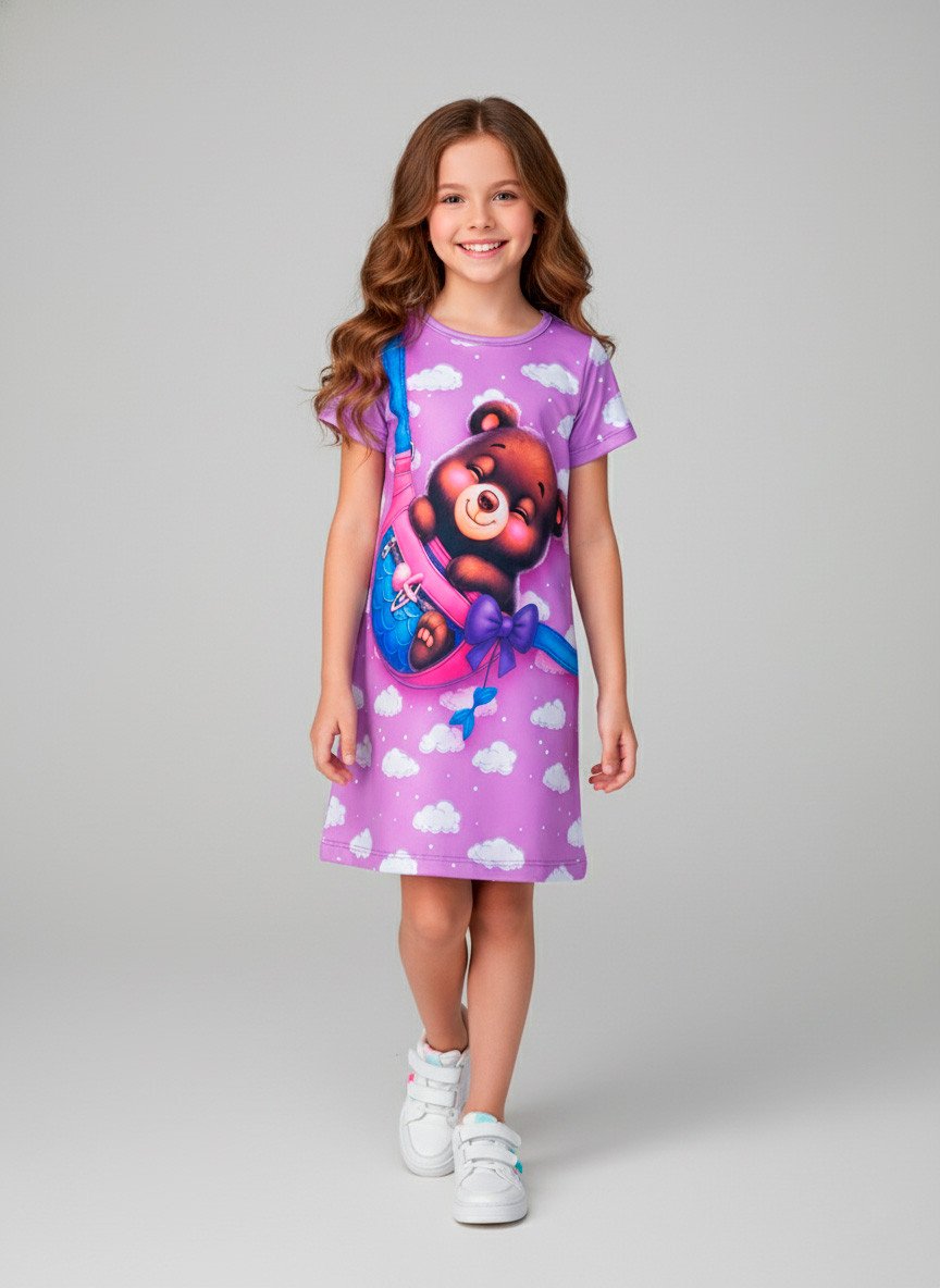 Vestido Infantil Manga Curta Urso e Bolsa Lilás 220 - Laluna