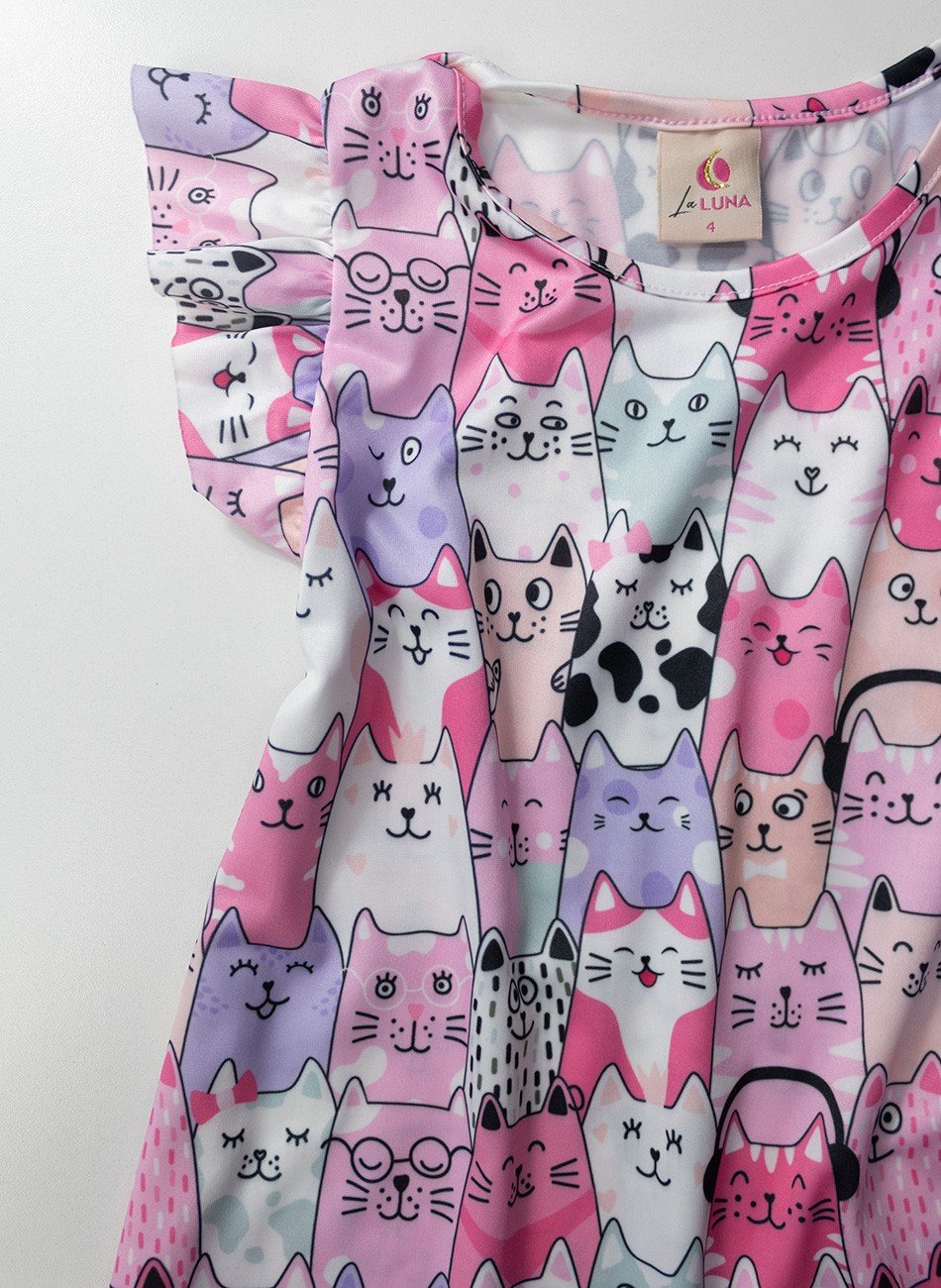 Vestido Infantil Manga Franzida Gatinhos Rosa 0079 - Laluna