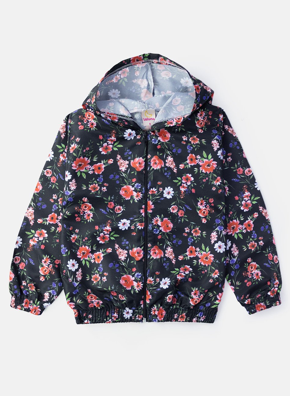 Conjunto Infantil Menina Corta Vento C/Capuz Florido Preto 137 - Laluna