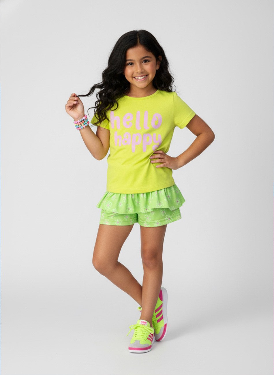 Conjunto Infantil Menina Hello Happy Flores Amarelo Lima 0653 - Laluna