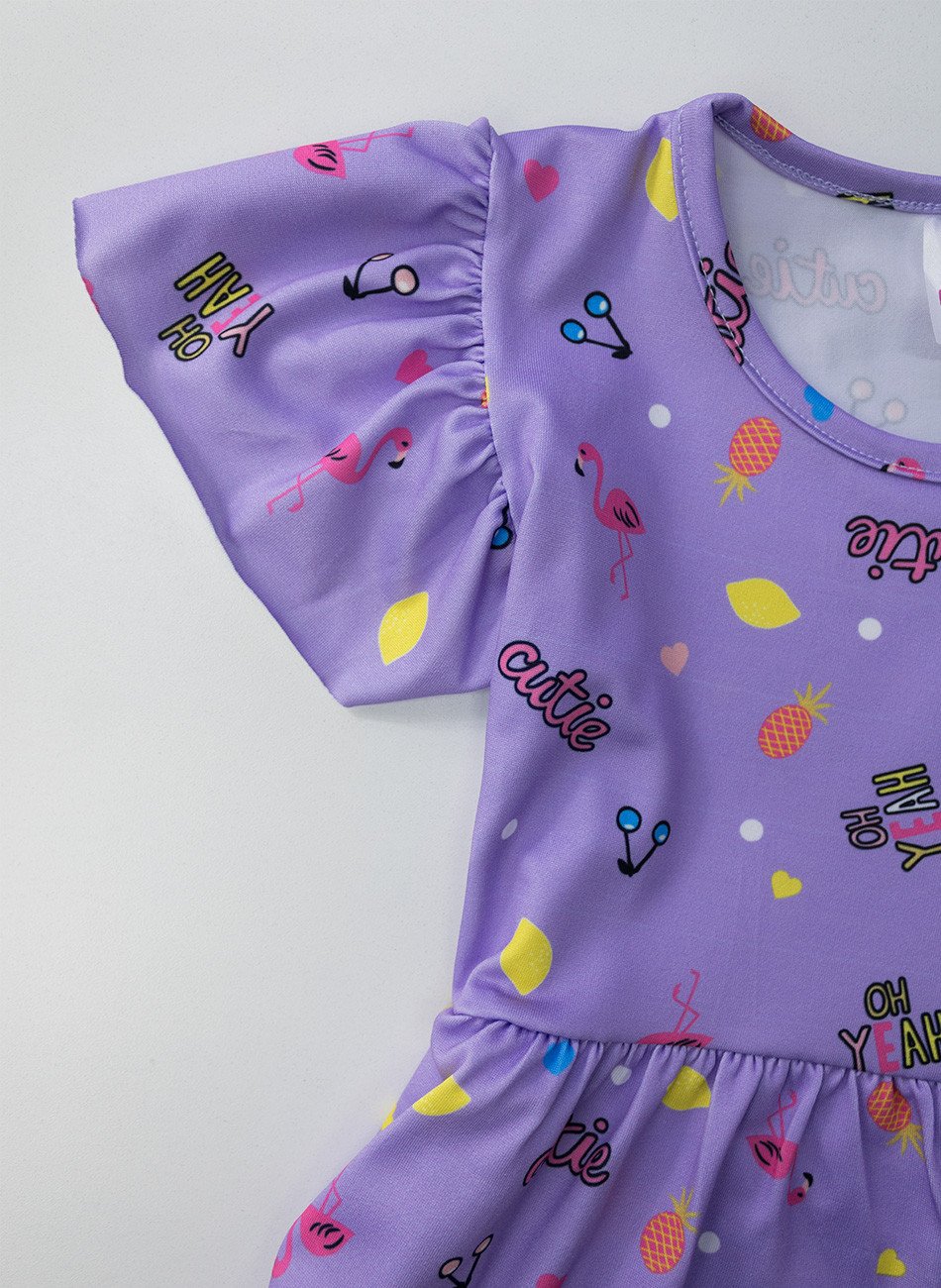 Vestido Infantil Manga Curta Flamingo Lilás 0798 - Laluna