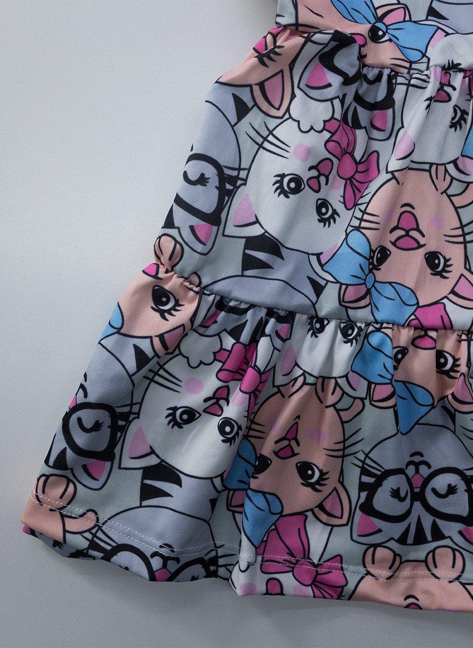 Vestido Infantil Manga Curta Gatas de Óculos e Laços Multicolorido 212 - Laluna