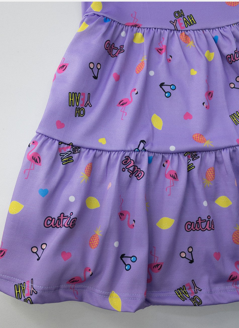 Vestido Infantil Manga Curta Flamingo Lilás 0798 - Laluna
