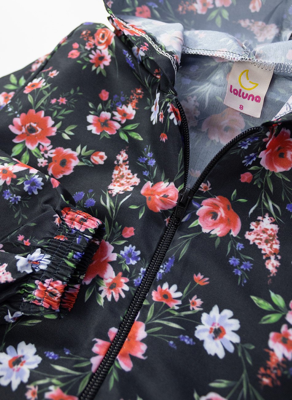 Conjunto Infantil Menina Corta Vento C/Capuz Florido Preto 137 - Laluna