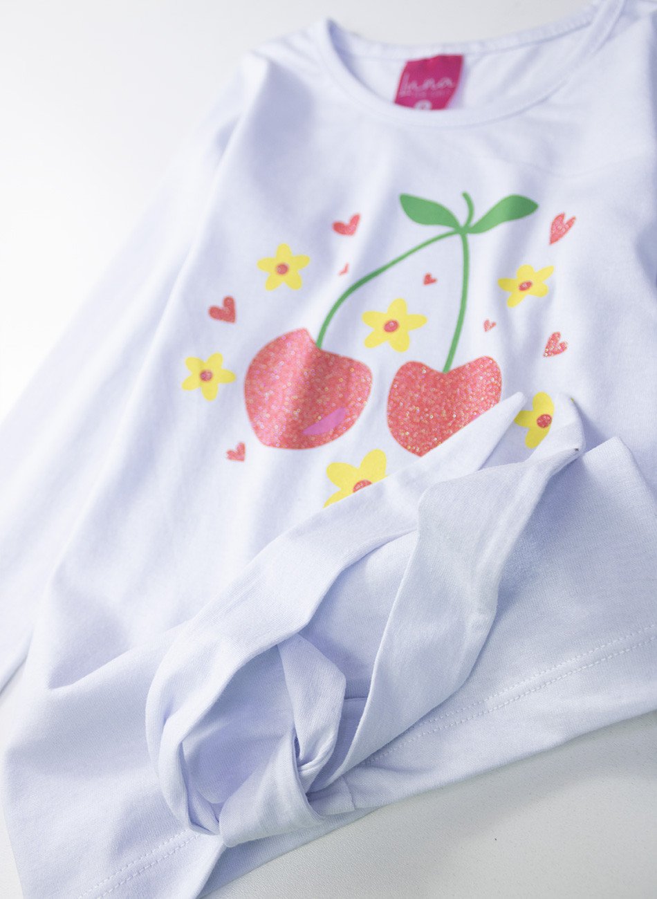Conjunto Infantil Menina Meia Estação Cerejinhas Branco 0443 - Laluna