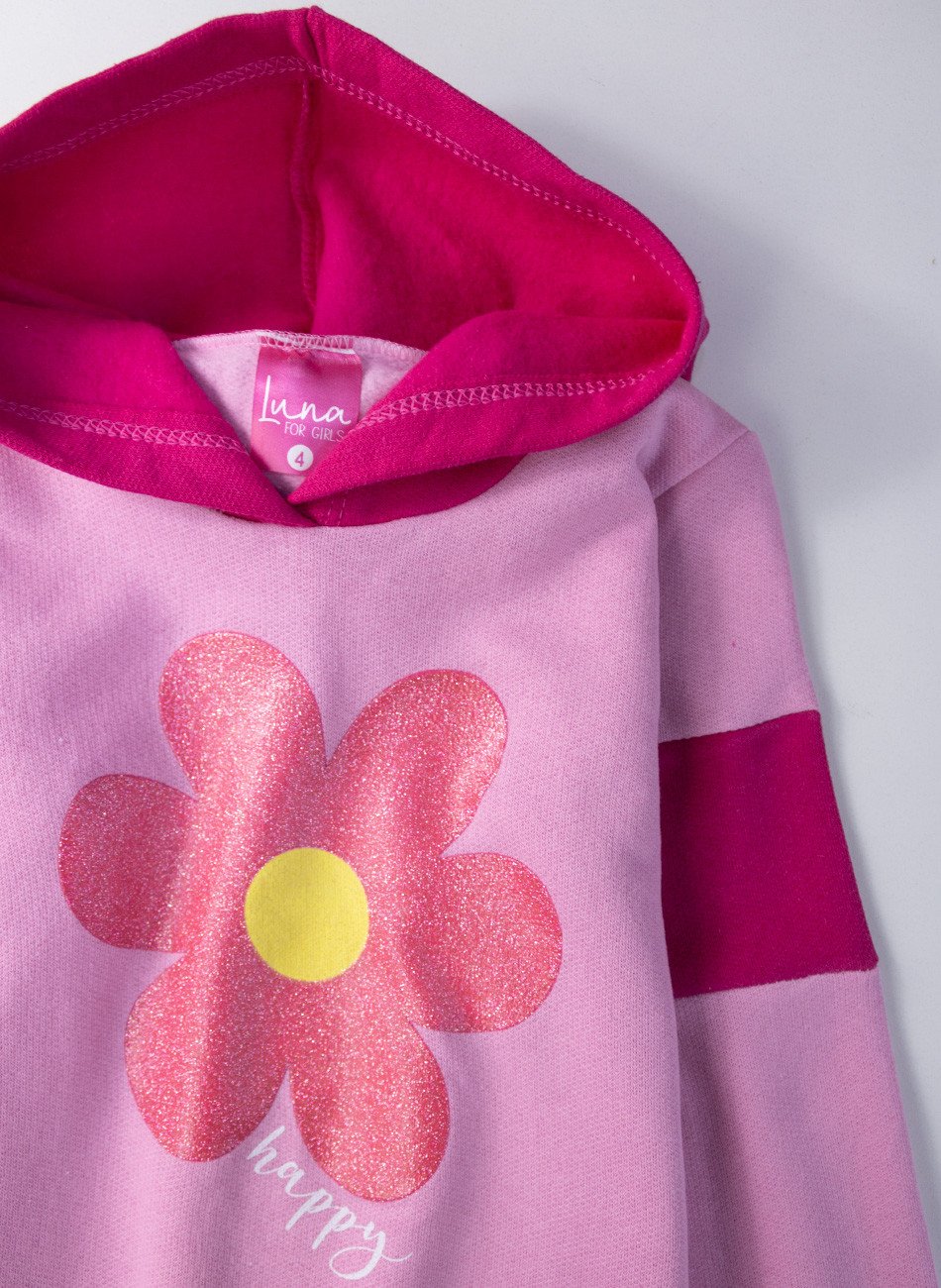 Conjunto Infantil Menina Moletom Flor Happy Rosa 0439 - Laluna