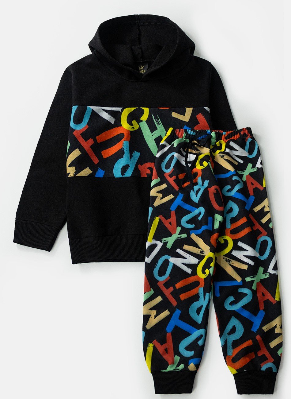 Conjunto Infantil Menino Moletom com Capuz Letras Preto 0566 - Torrox