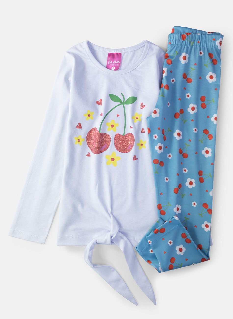 Conjunto Infantil Menina Meia Estação Cerejinhas Branco 0443 - Laluna