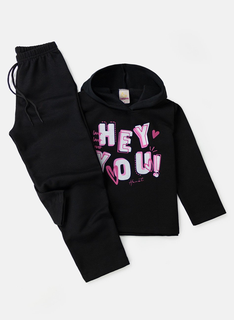 Conjunto Infantil Menina Moletom Hey You Preto 0358 - Laluna