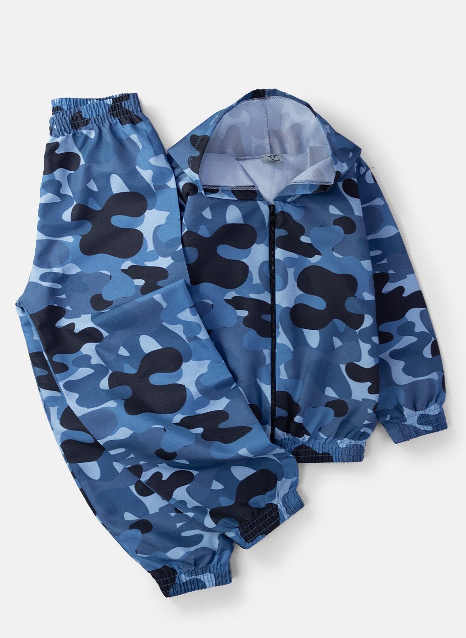 Conjunto Infantil Menino Corta Vento C/Capuz Camuflado Azul 147 - Keki Boys