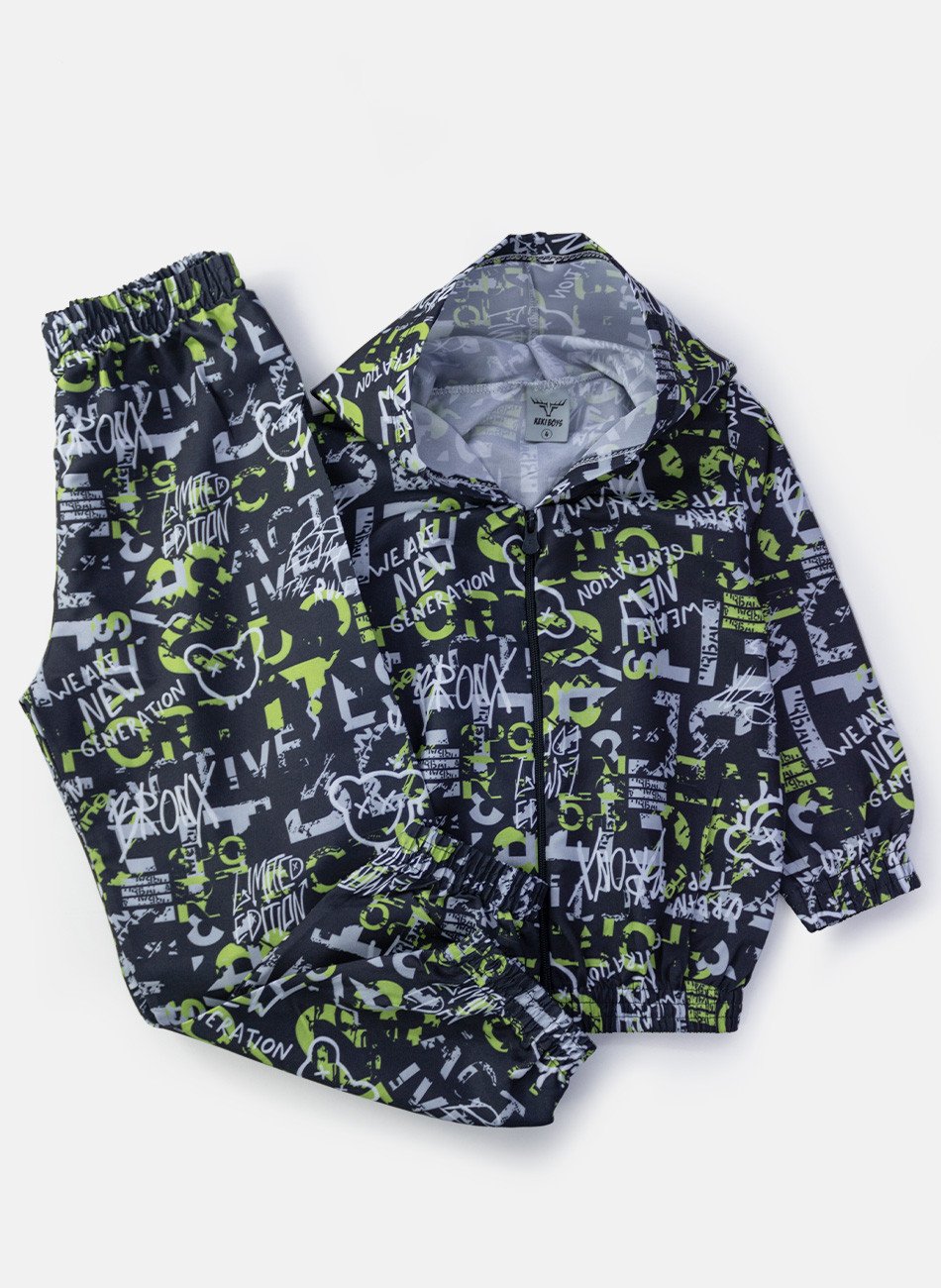 Conjunto Infantil Menino Corta Vento C/Capuz Urbano Preto 0674 - Keki Boys