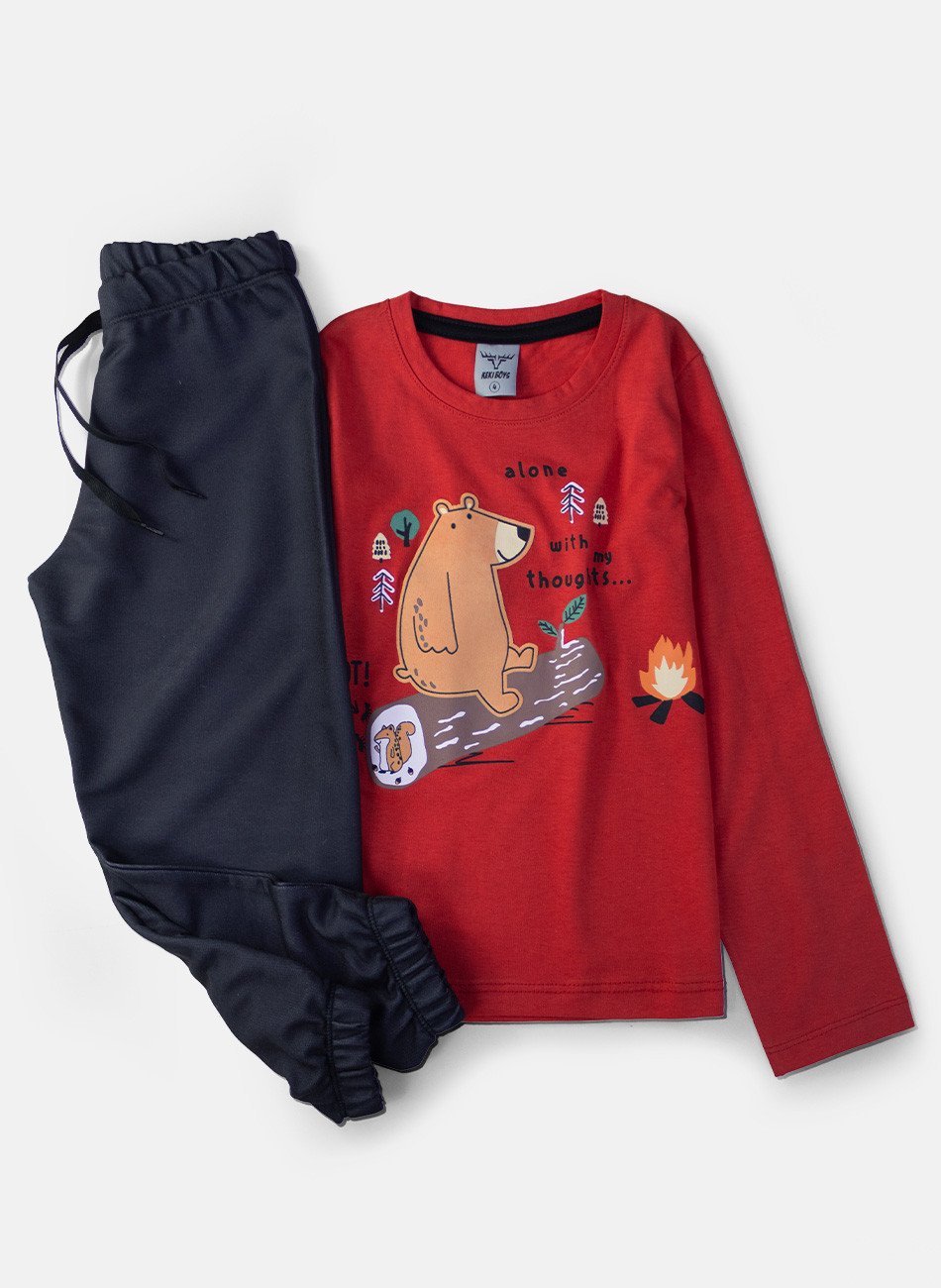 Conjunto Infantil Menino Meia Estação Urso Alone Vermelho 00332 - Keki Boys