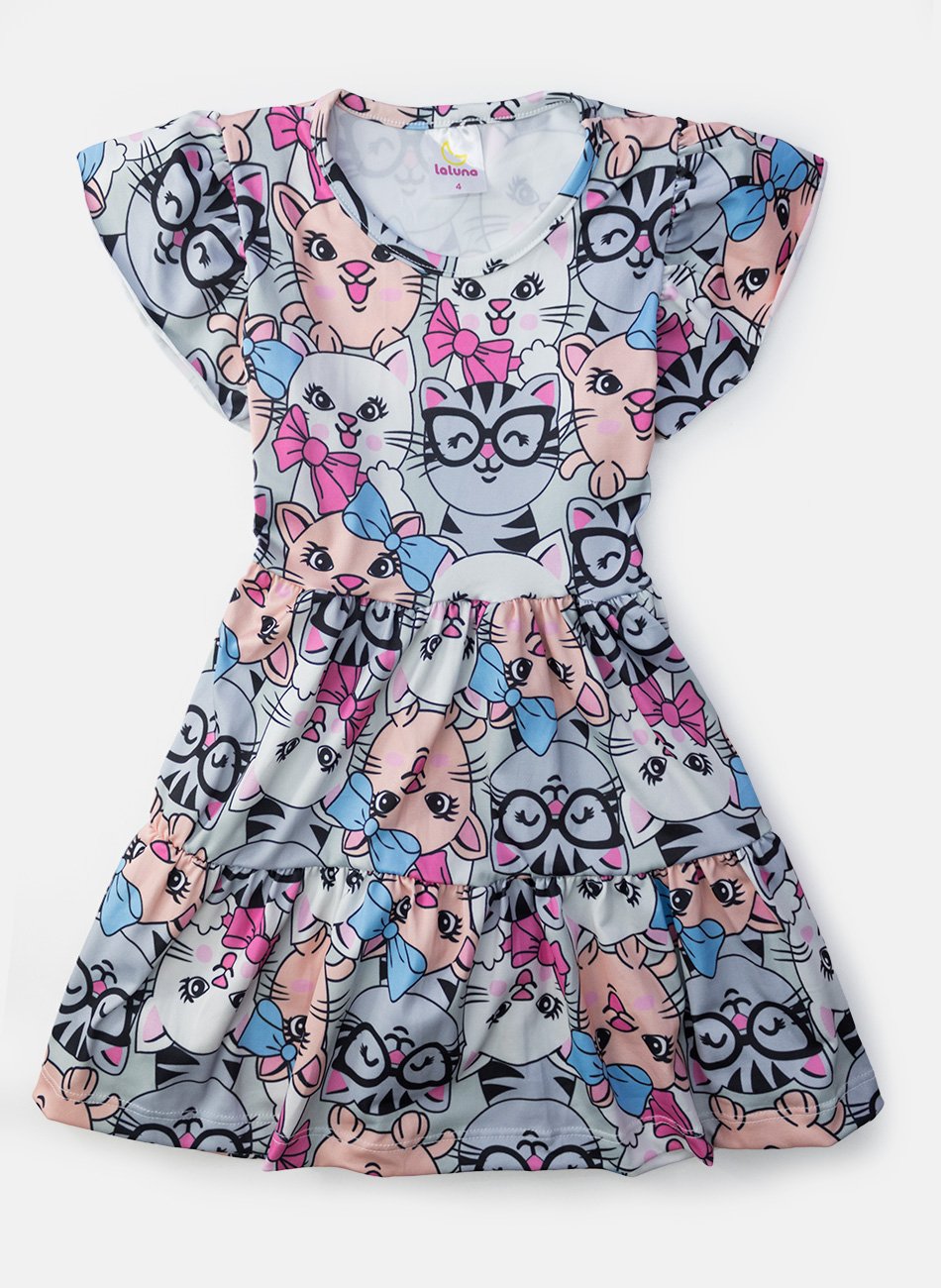 Vestido Infantil Manga Curta Gatas de Óculos e Laços Multicolorido 212 - Laluna