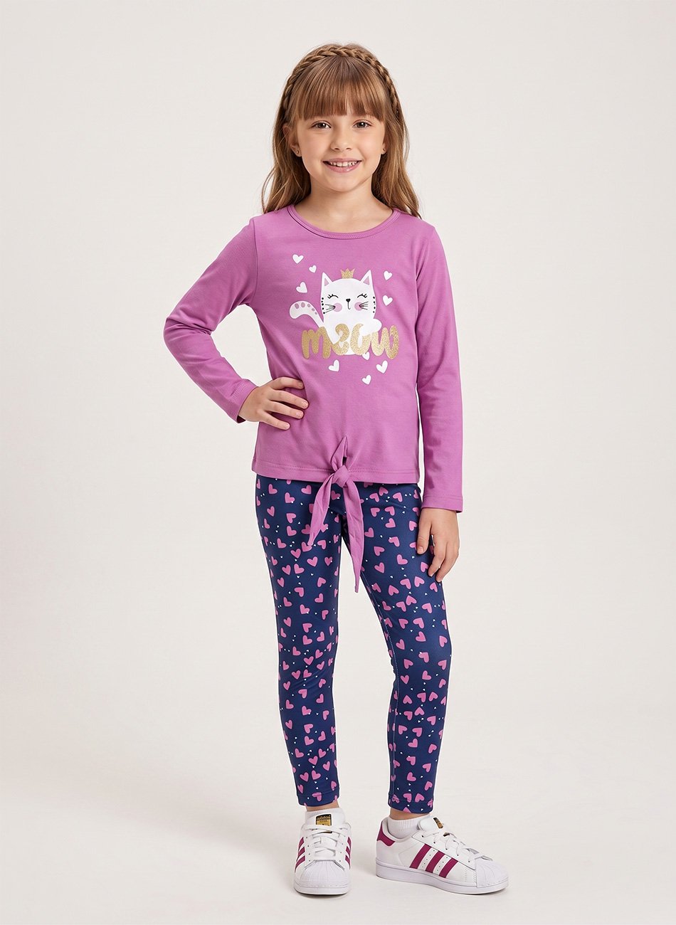 Conjunto Infantil Menina Meia Estação Meow Rosa 0445 - Laluna