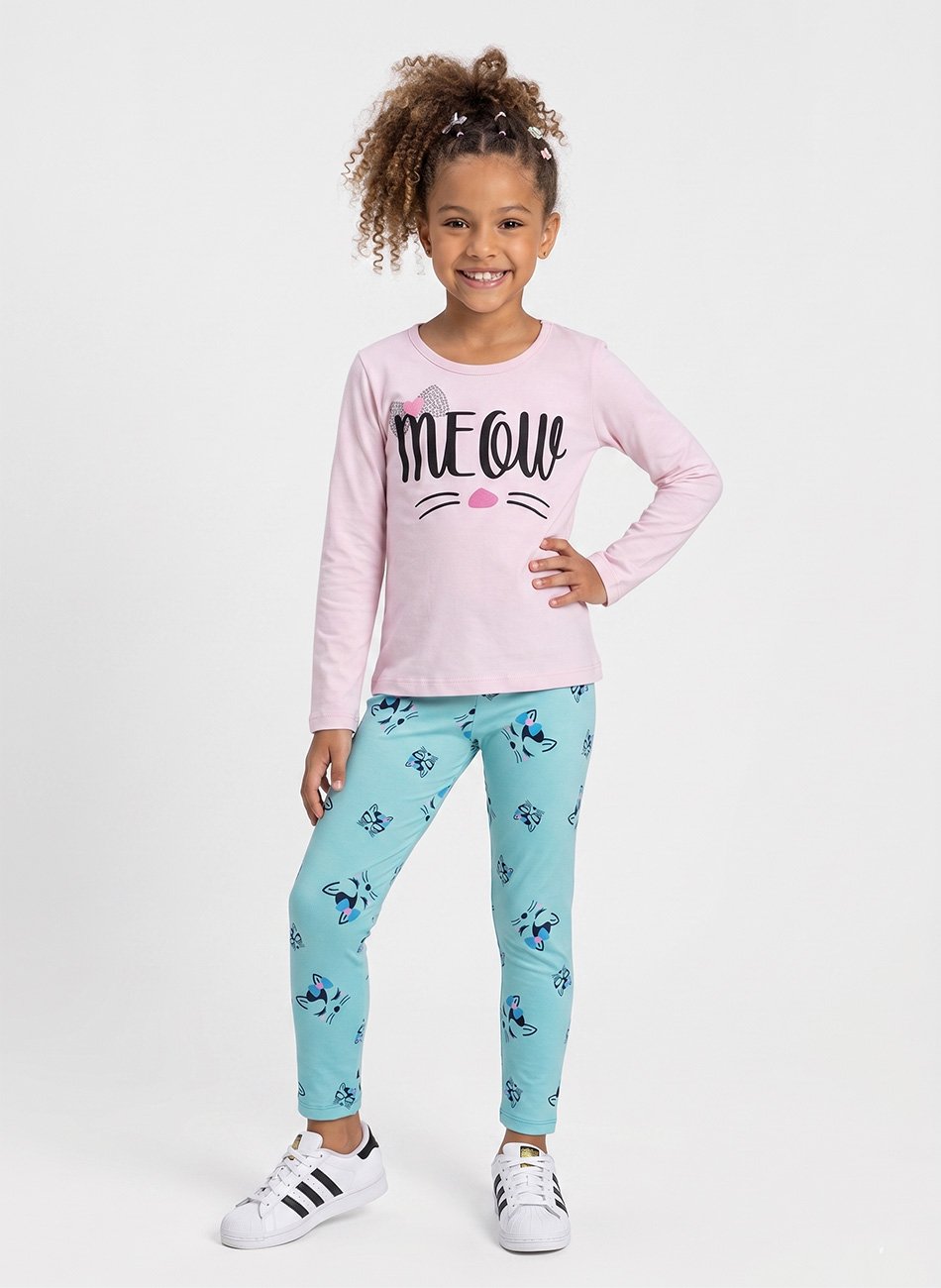 Conjunto Infantil Menina Meia Estação Rosa Meow de Laço 396 - Laluna