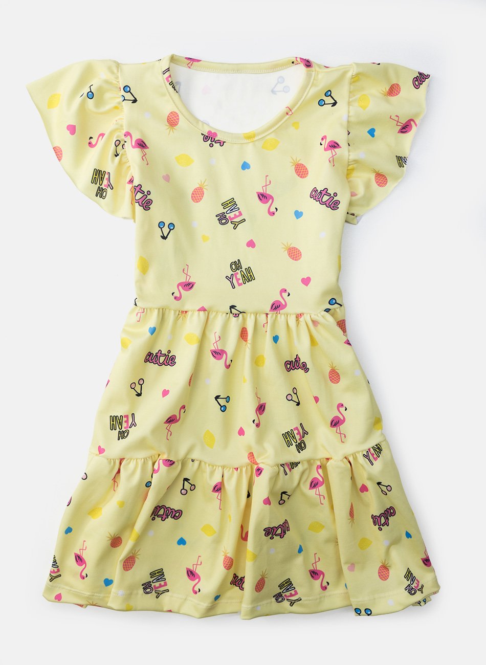 Vestido Infantil Manga Curta Flamingo Amarelo 0798 - Laluna