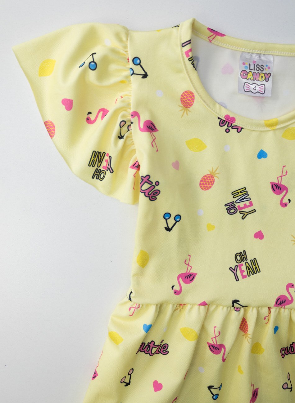 Vestido Infantil Manga Curta Flamingo Amarelo 0798 - Laluna