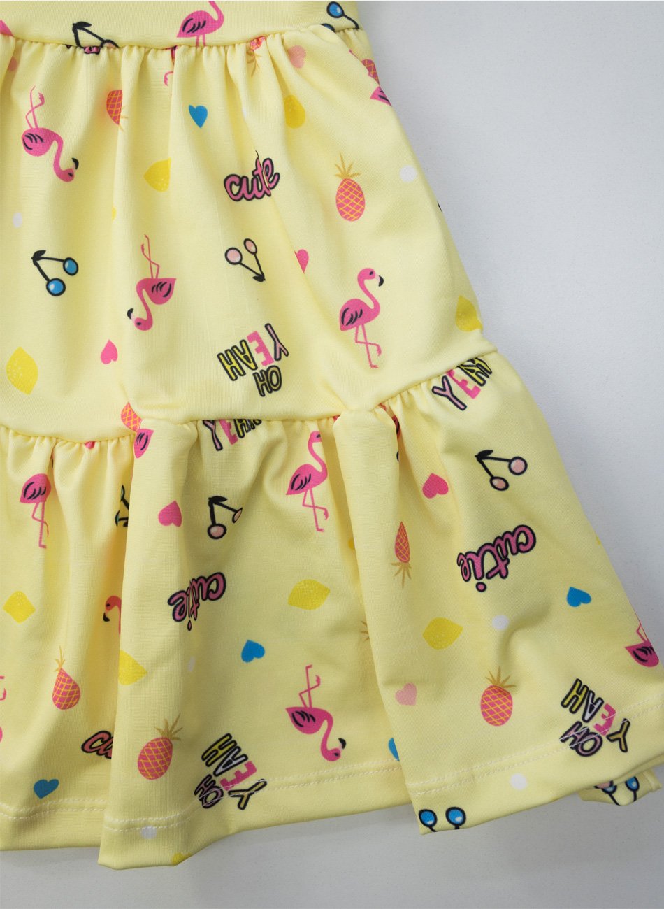 Vestido Infantil Manga Curta Flamingo Amarelo 0798 - Laluna