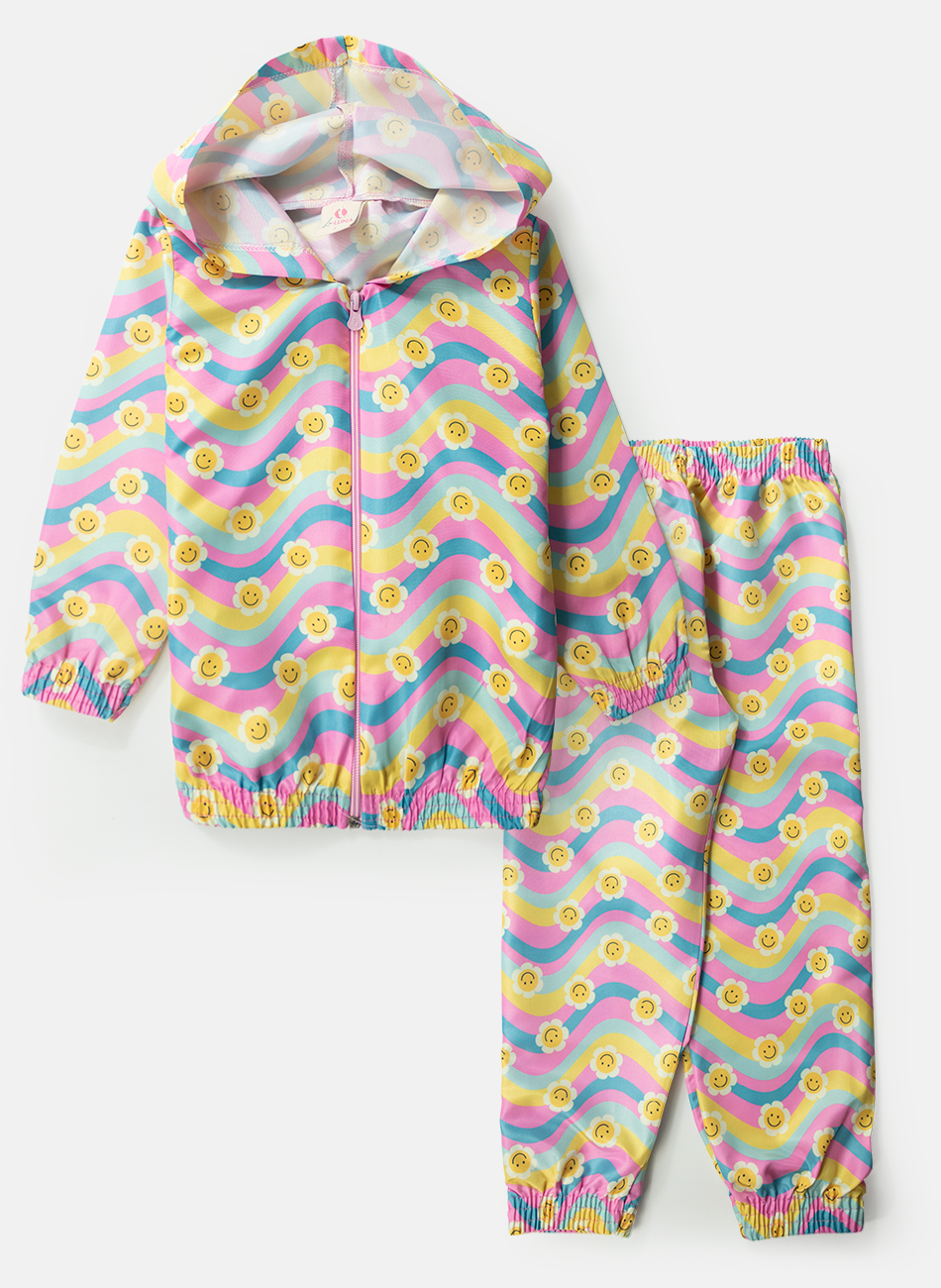 Conjunto Infantil Menina Corta Vento C/Capuz Margaridas Rosa 0184 - Laluna