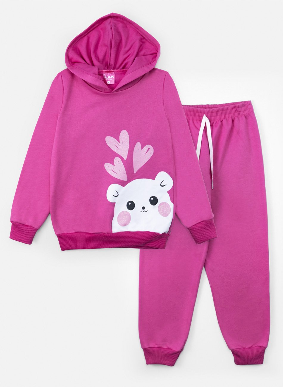Conjunto Infantil Menina Moletom C/Capuz Conjunto Corações e Ursinhos Pink 414 - Laluna