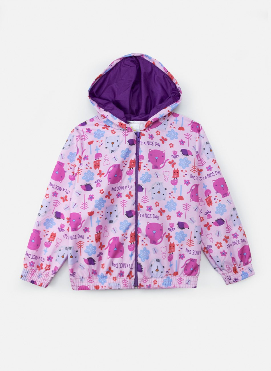 Conjunto Infantil Menina Corta Vento C/Capuz Gatinho Rosa Bebê 331 - Laluna