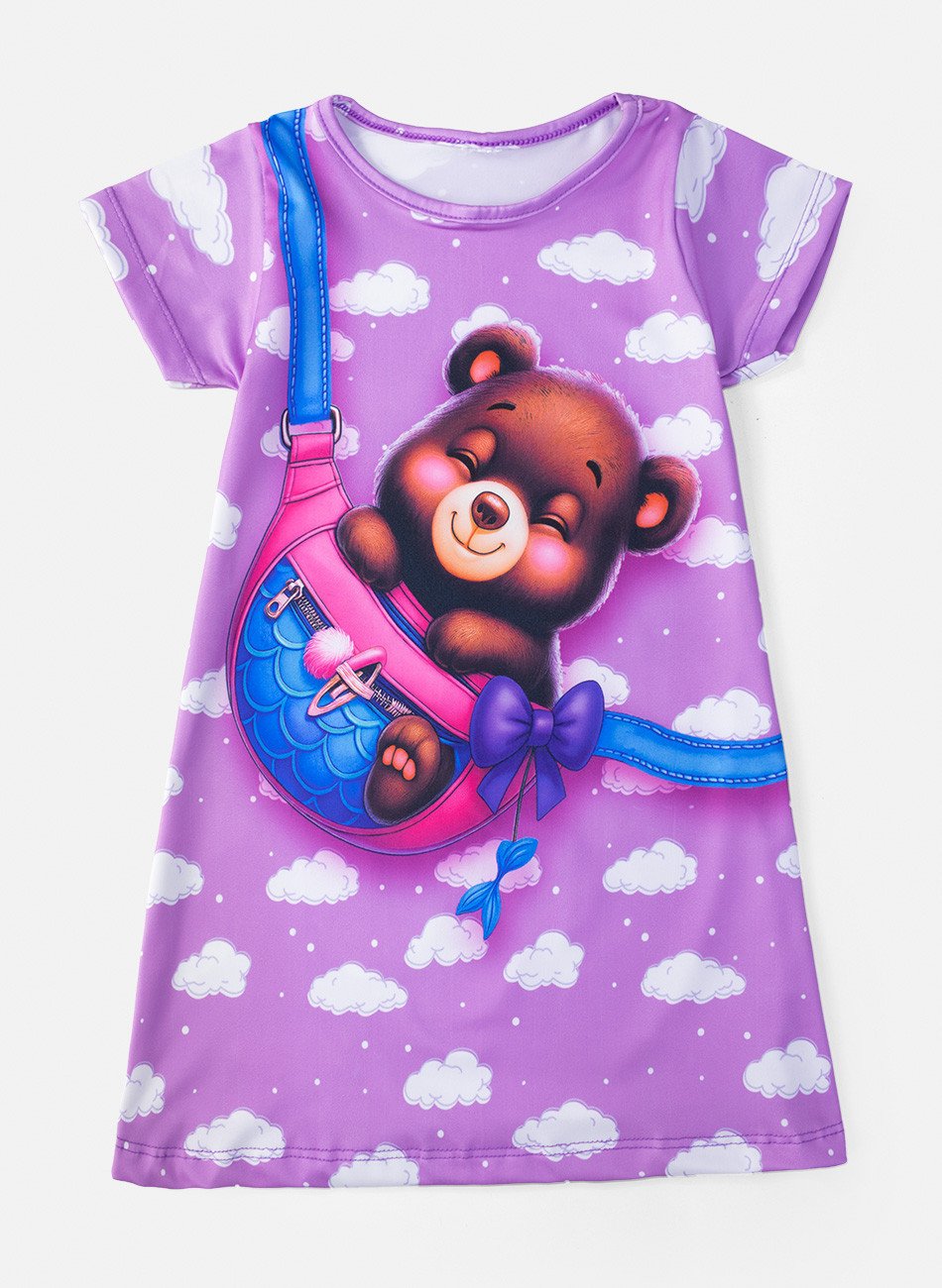 Vestido Infantil Manga Curta Urso e Bolsa Lilás 220 - Laluna