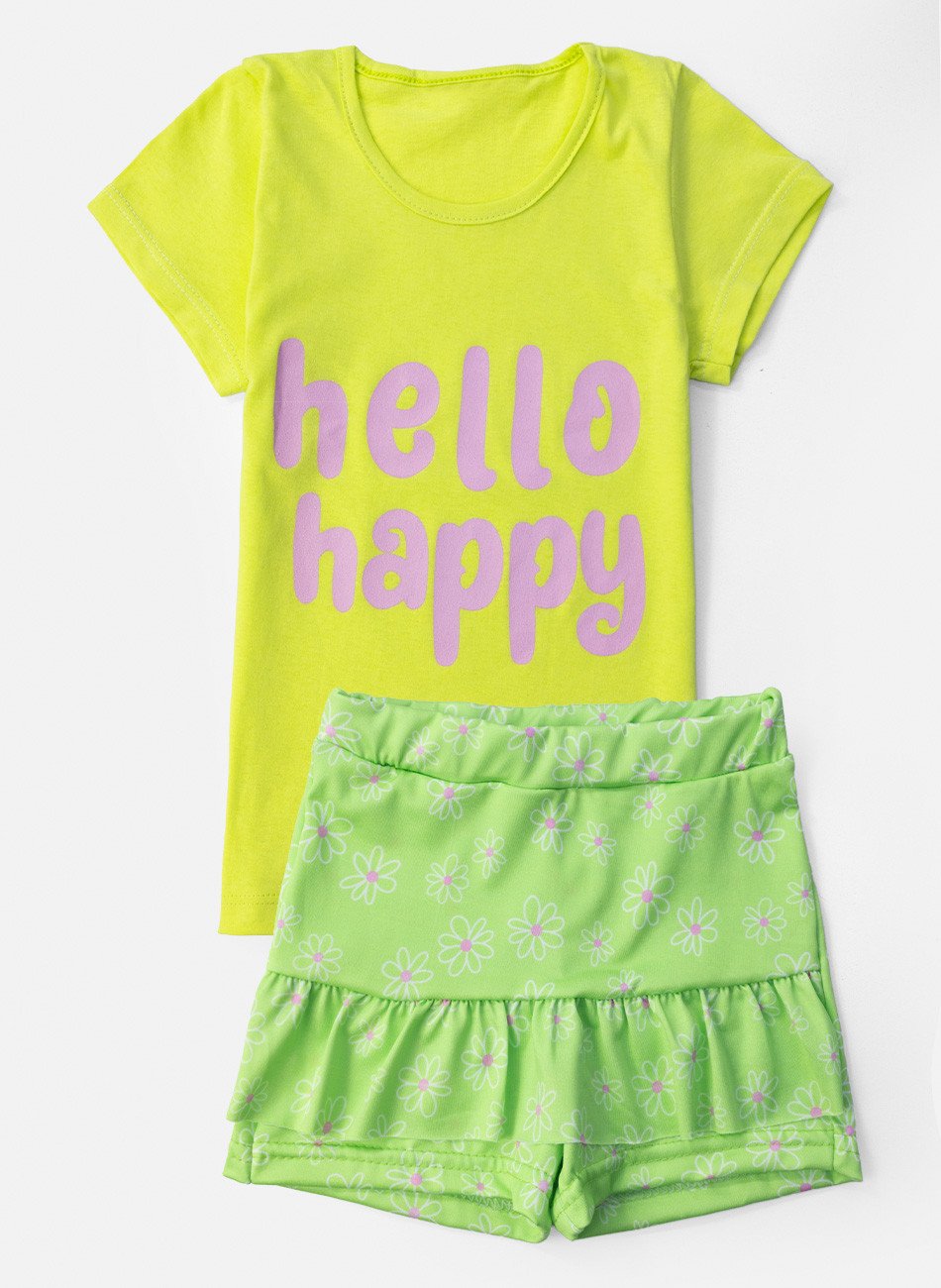 Conjunto Infantil Menina Hello Happy Flores Amarelo Lima 0653 - Laluna
