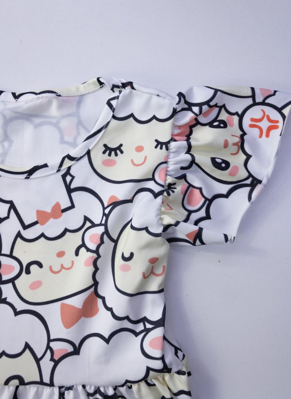 Vestido Infantil Manga Curta Ovelhas Branco 219 - Laluna