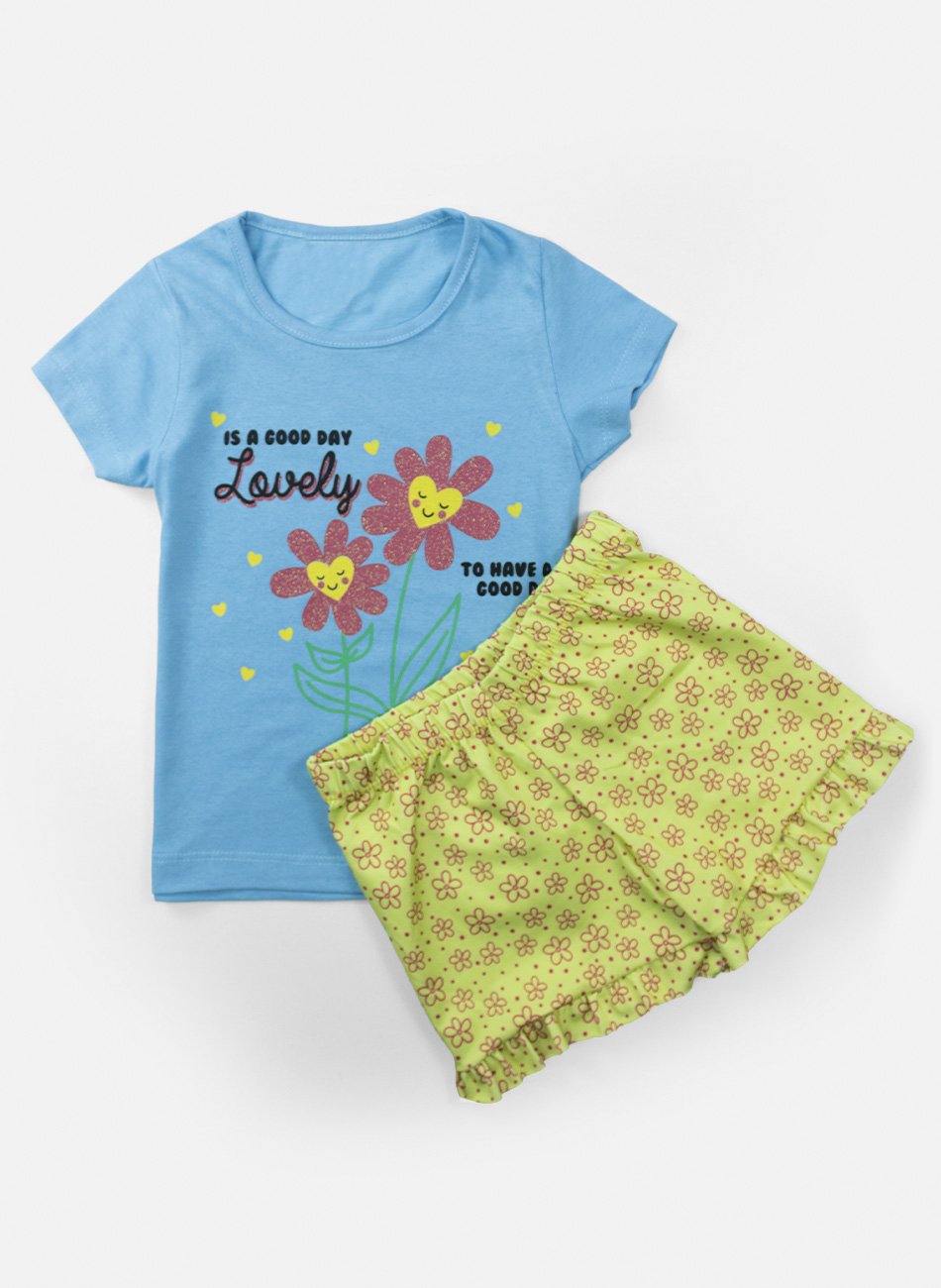 Conjunto Infantil Menina Lovely Flores Azul Bebê 0665 - Laluna