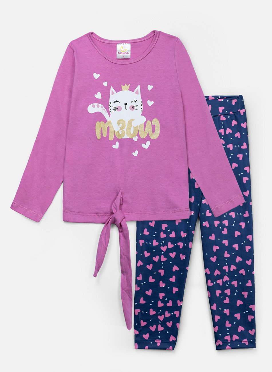 Conjunto Infantil Menina Meia Estação Meow Rosa 0445 - Laluna