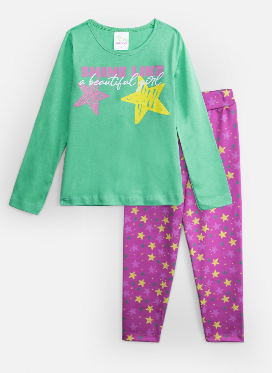 Conjunto Infantil Menina Meia Estação Estrelas Verde 422 - Laluna