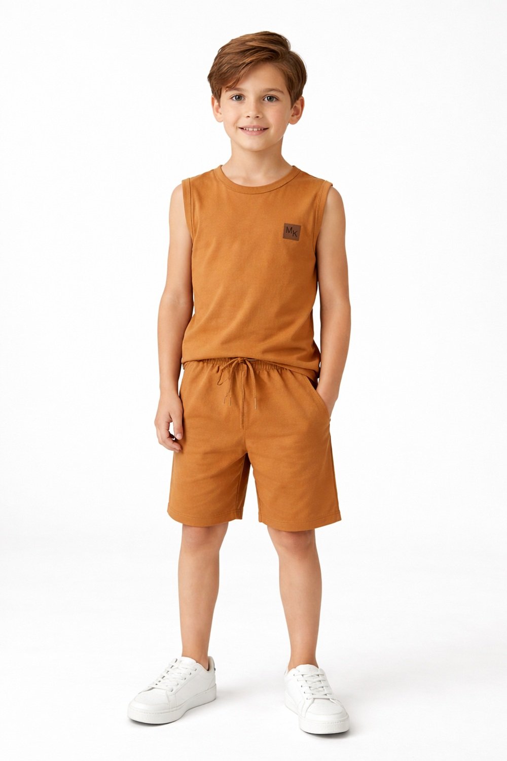 Conjunto Infantil Verão Masculino Regata Plaquinha Mega Kids - Caramelo