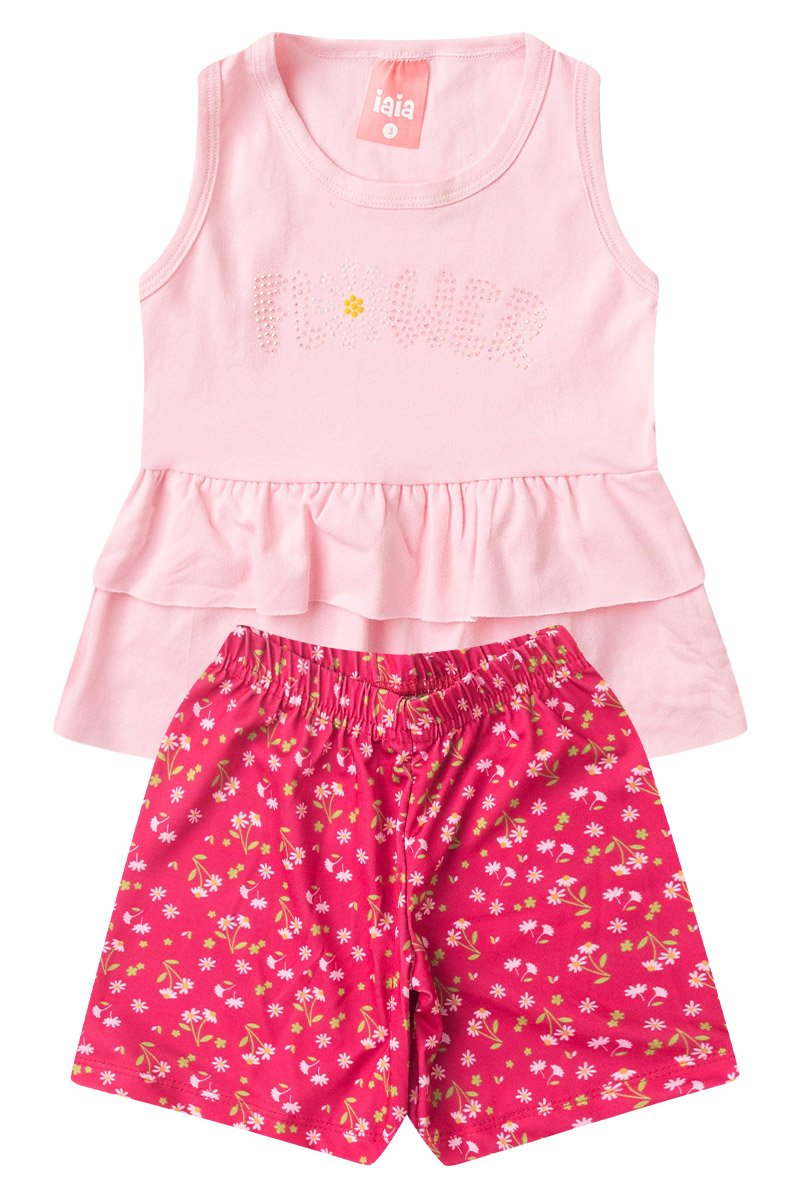 Conjunto Infantil Menina Regata Com Babado Verão Iaia - Regata 100% Algodão e Shorts 100% Poliéster Blush