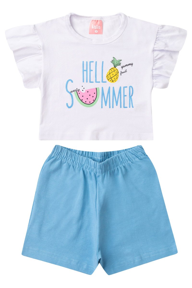 Conjunto Infantil Menina Cropped Verão Com Babado na Manga Iaia 100% Algodão – Camiseta e Shorts Branco