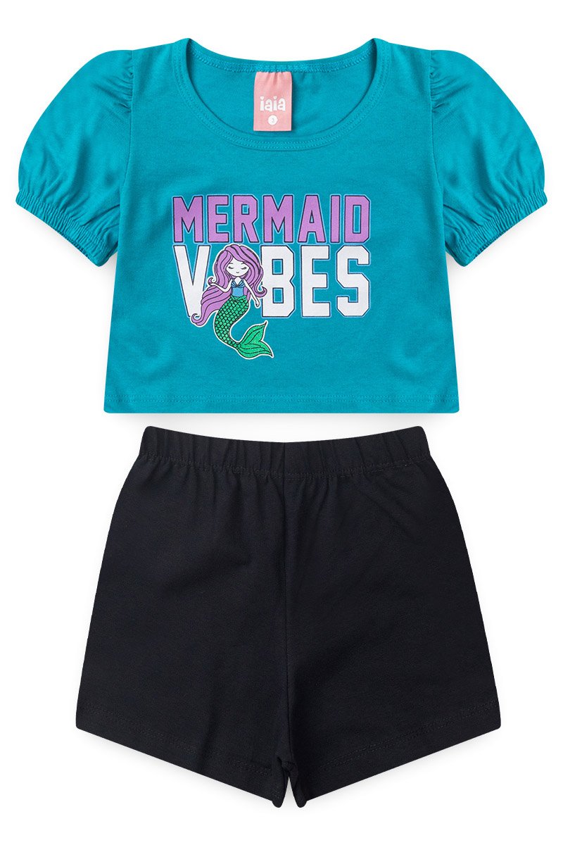 Conjunto Infantil Menina Verão Com Detalhe na Manga Iaia 100% Algodão – Camiseta e Shorts Jade