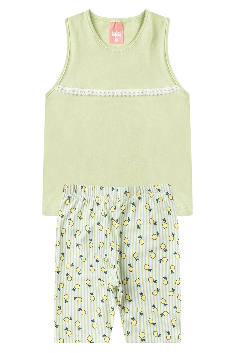 Conjunto Infantil Menina Com Pompom Verão Iaia - Regata 100% Algodão e Shorts 100% Poliéster Verde Claro