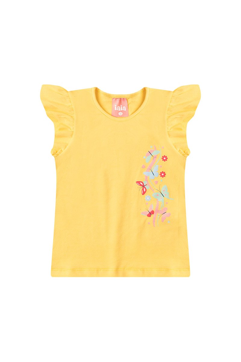 Conjunto Infantil Menina Verão Borboletas Com Babado na Manga Iaia 100% Algodão Amarelo